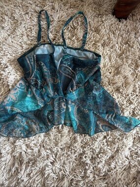 Sheer Teal Paisley Spaghetti-Strap Peplum Top
